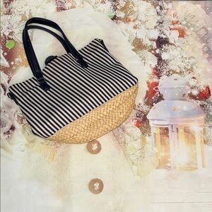 Talbots Navy and Tan Striped Tote Bag